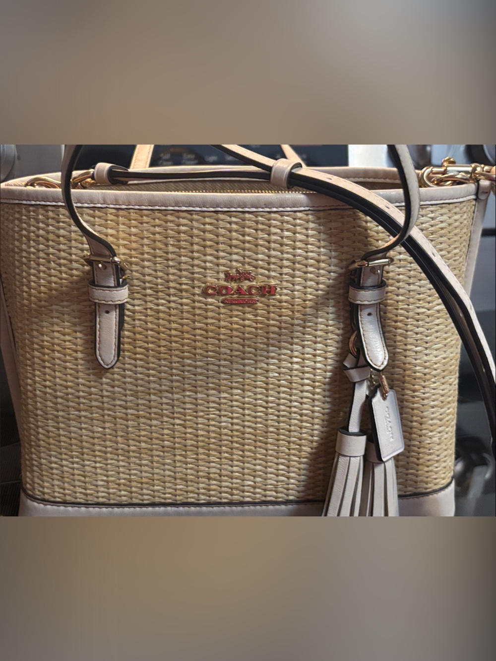 Coach Straw Crossbody Bag with Cream Leather Trim and Tassel Used once or twice